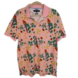 Men's Vintage Tommy Hilfiger Polo XL Slim Fit Pink tropical w/ Parrots & Flowers